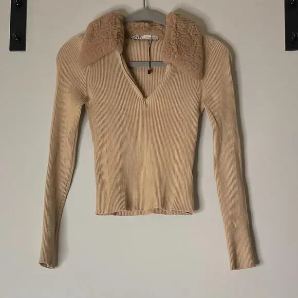 Tan Long Sleeve Top with Fur - Picture 4 of 5